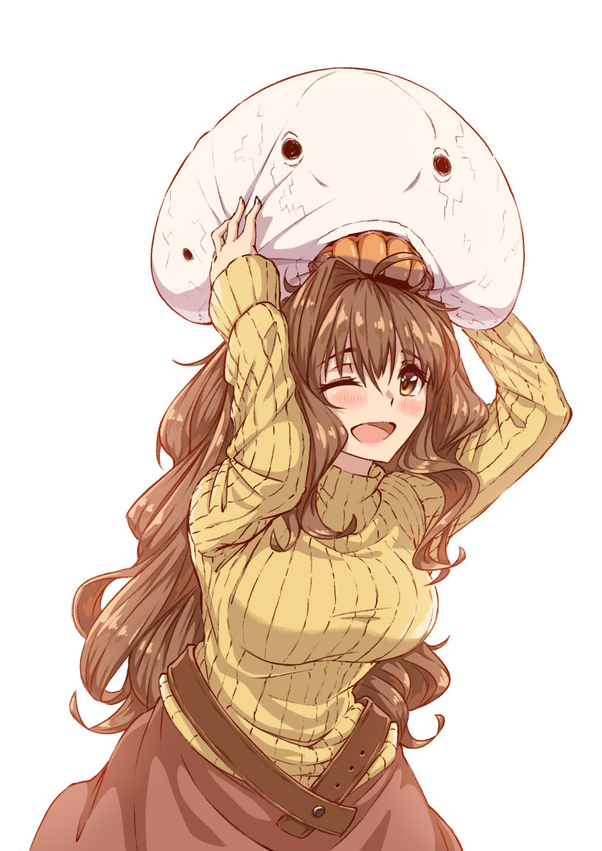 1girl ;d absurdres ahoge arms_up belt beta_(muvluv) biting blush breasts brown_belt brown_hair brown_skirt character_pillow cowboy_shot hair_between_eyes head_biting highres holding holding_pillow impossible_clothes impossible_sweater ivanhc_9420 jinguuji_marimo large_breasts long_hair long_shirt long_sleeves muvluv muvluv_alternative one_eye_closed open_mouth pillow ribbed_sweater scene_reference sidelocks simple_background single_hair_intake skirt smile solo spoilers sweater themed_object turtleneck turtleneck_sweater wavy_hair white_background yellow_sweater