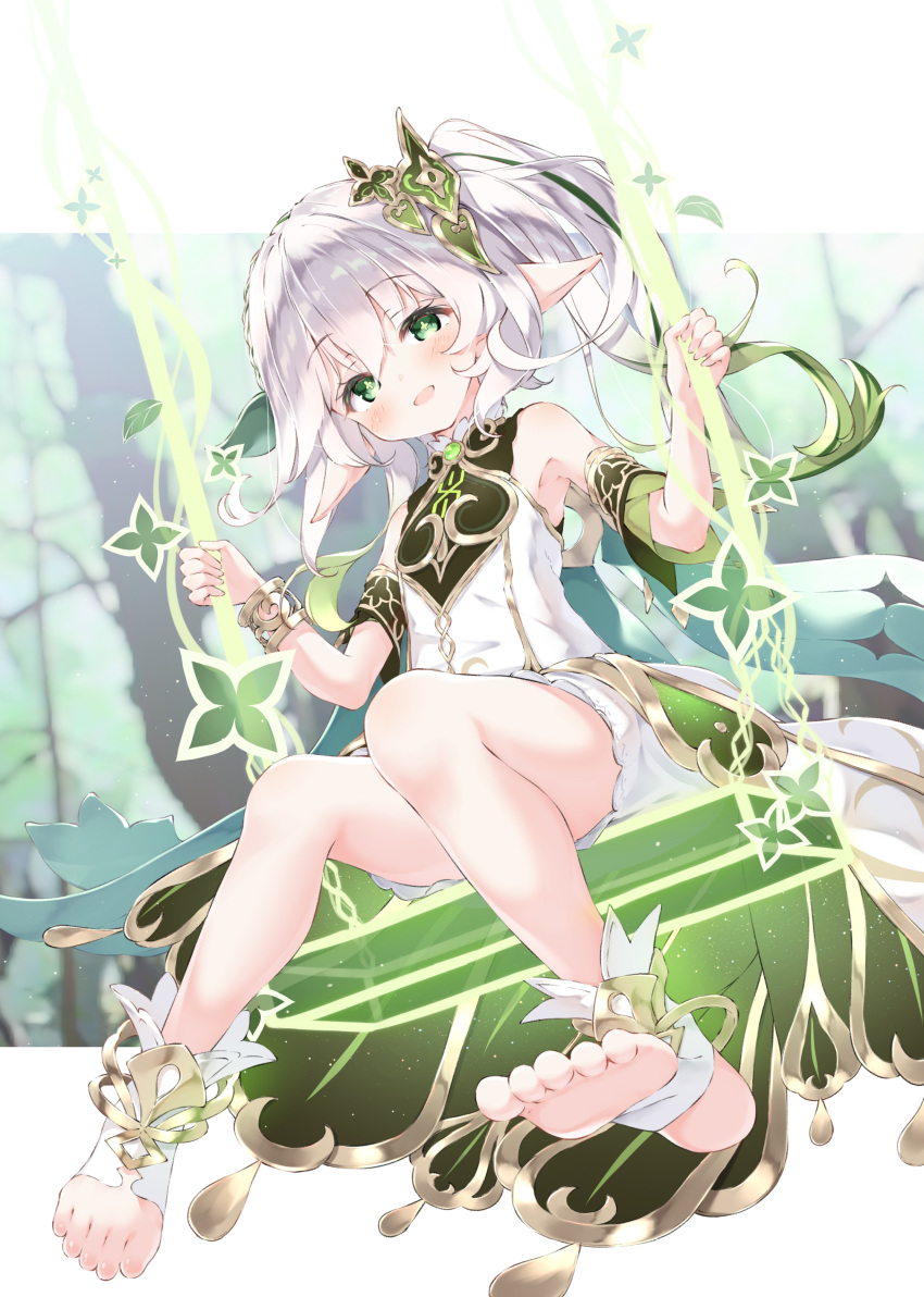 1girl :d absurdres armpits bare_legs bare_shoulders blurry blurry_background blush bracer colored_tips cross-shaped_pupils dress dutch_angle feet full_body genshin_impact gradient_hair green_eyes green_hair hair_ornament hands_up highres holding leaf_hair_ornament letterboxed long_hair looking_at_viewer multicolored_hair nahida_(genshin_impact) parted_lips pointy_ears ponytail short_dress short_shorts shorts side_ponytail sitting sleeveless sleeveless_dress smile socks solo stirrup_legwear toeless_legwear toes two-tone_hair ukiwakisen white_dress white_hair white_shorts white_socks