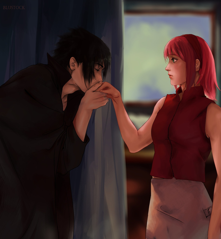 1boy 1girl artist_name black_hair blustock closed_eyes curtains green_eyes haruno_sakura hetero highres kiss kissing_hand medium_hair naruto_(series) naruto_shippuuden pink_hair uchiha_sasuke window