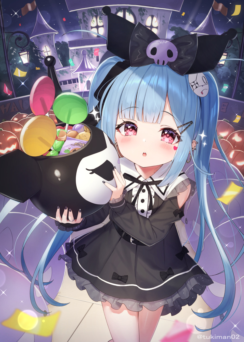 1girl :o black_bow black_dress black_ribbon black_sleeves blue_hair blush bow candle candy candy_wrapper center_frills collared_dress commentary_request detached_sleeves dress facial_mark food frills hair_bow hair_ornament hair_ribbon hairclip heart highres holding jack-o'-lantern kuromi lollipop long_hair long_sleeves looking_at_viewer onegai_my_melody parted_lips puffy_long_sleeves puffy_sleeves red_eyes ribbon sleeves_past_wrists solo standing teeth tsukiman twintails twitter_username upper_teeth very_long_hair