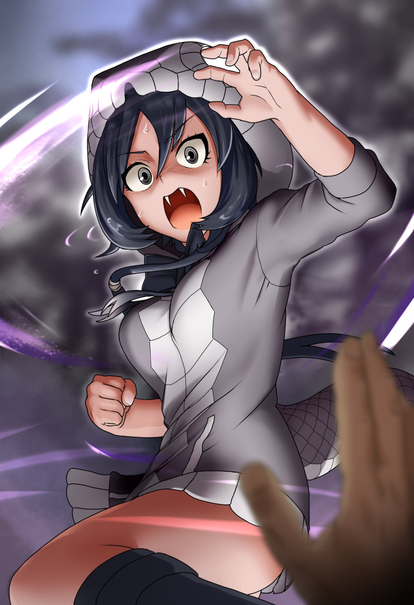 1girl black_footwear black_hair black_mamba_(kemono_friends) blush boots commentary_request fangs grey_eyes grey_hoodie highres hood hood_up hoodie kemono_friends long_sleeves looking_at_viewer nso_mono pleated_skirt pov short_hair skirt snake_tail solo sweatdrop tail two-tone_hoodie white_skirt