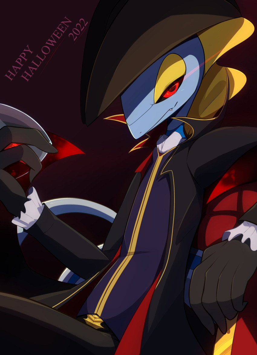 2022 absurdres black_coat closed_mouth clothed_pokemon coat eye_trail fang fang_out halloween happy_halloween hatted_pokemon highres inteleon light_trail long_sleeves open_clothes open_coat pokemon pokemon_(creature) red_eyes solo zymonasyh