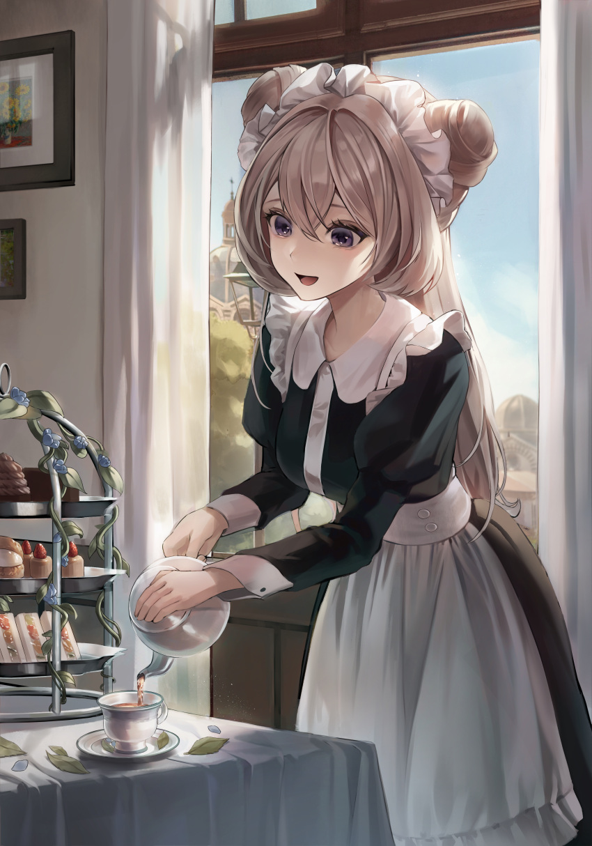 1girl :d absurdres apron bangs black_dress breasts brown_hair collared_dress commentary cup curtains day double_bun dress espi food frills hair_between_eyes hair_bun highres holding holding_teapot indoors juliet_sleeves leaf long_hair long_sleeves maid maid_headdress open_mouth original pastry picture_(object) picture_frame pouring puffy_sleeves sandwich saucer sleeve_cuffs smile solo table tablecloth teacup teapot tiered_tray violet_eyes waist_apron white_apron window