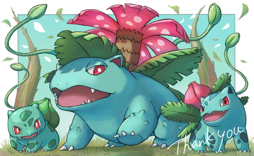 bright_pupils bulbasaur claws commentary_request commission evolutionary_line falling_leaves grass highres ivysaur leaf luna_mokamoka no_humans open_mouth plant pokemon pokemon_(creature) red_eyes standing thank_you venusaur vines white_pupils