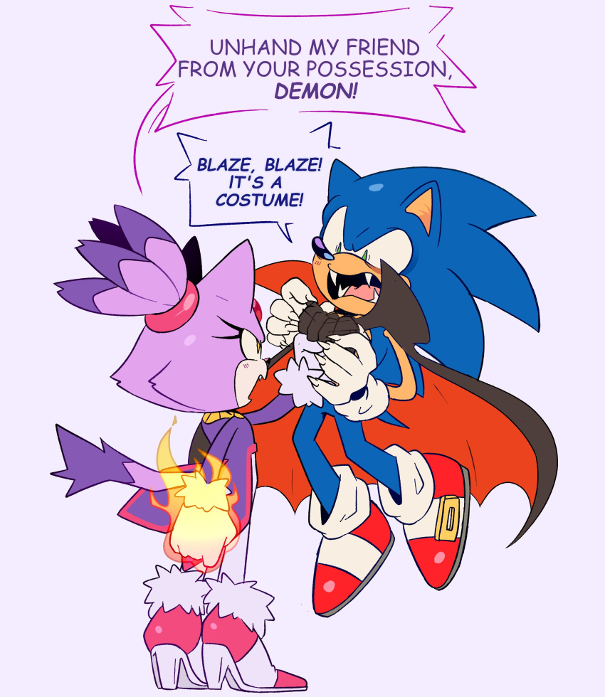 1boy 1girl absurdres blaze_the_cat fangs fire flaming_hand fur-trim fur-trimmed_jacket fur_trim gloves halloween halloween_costume high_heels highres jacket lifting_person misunderstanding red_eyes shoes sonic_(series) sonic_the_hedgehog speech_bubble stellarspin vampire_costume white_gloves