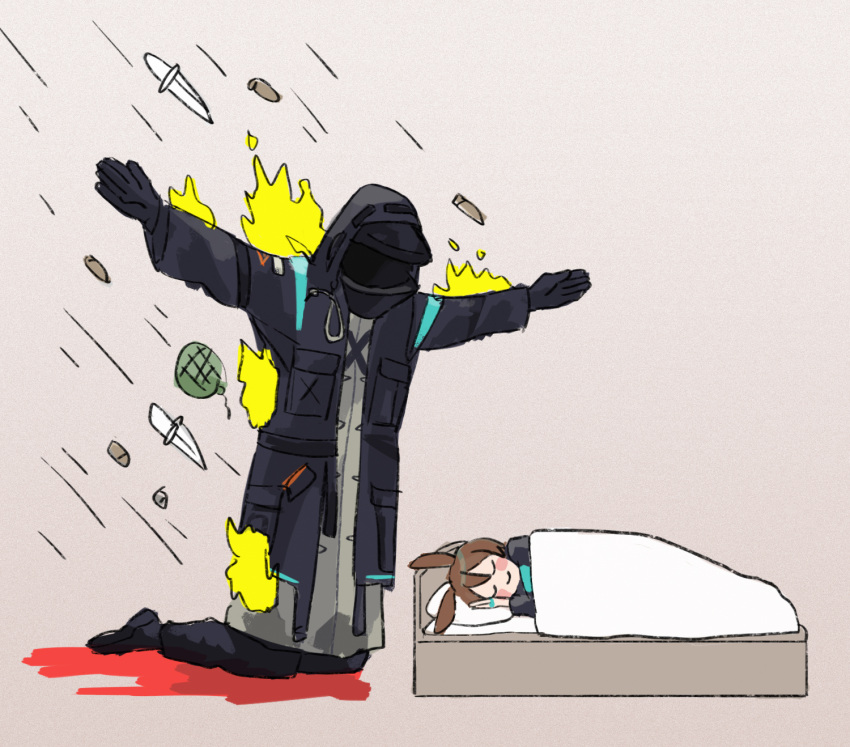 1girl 1other amiya_(arknights) animal_ears arknights bed bed_sheet black_gloves blanket blood_on_ground blush bullet burning closed_eyes doctor_(arknights) explosive full_body gloves grenade highres hood hood_up hooded_jacket jacket kneeling knife long_sleeves meme on_bed pillow pouch rabbit_ears rabbit_girl shimuai simple_background sleeping the_silent_protector_(meme)