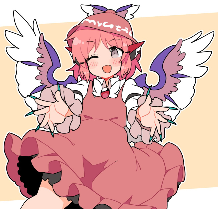 1girl animal_ears bird_ears bird_wings brown_dress brown_headwear dress earrings feet_out_of_frame fingernails frilled_dress frilled_sleeves frills green_nails grey_eyes hat highres ini_(inunabe00) jewelry long_fingernails long_sleeves mystia_lorelei nail_polish one_eye_closed open_mouth pink_hair sharp_fingernails short_hair single_earring smile solo touhou white_wings winged_hat wings