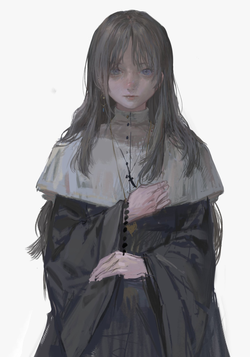 1girl bangs bracelet brown_hair earrings grey_eyes habit highres holding holding_clothes jewelry lips long_hair long_sleeves looking_at_viewer nun original qunqing123 rosary shaded_face simple_background single_earring solo white_background