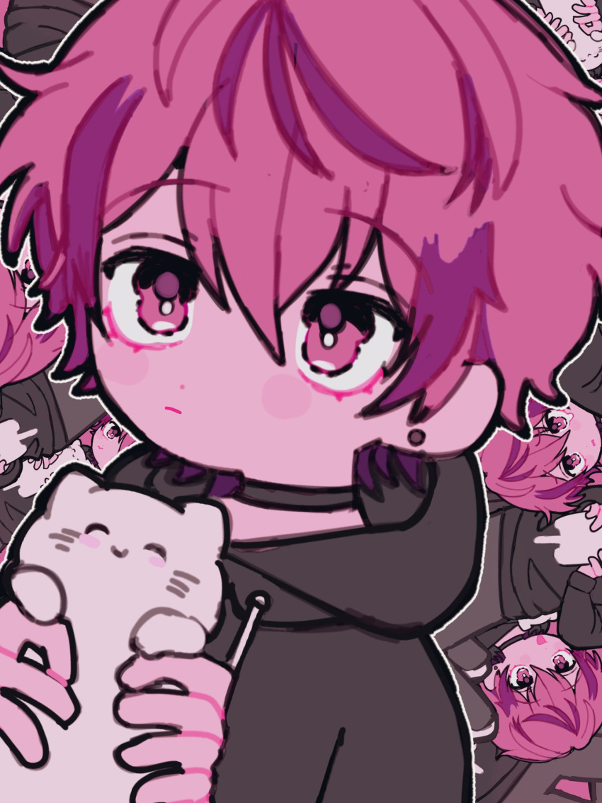 1boy :| animal bangs black_hoodie cat chibi chuchu_lip closed_mouth earrings expressionless expressions hair_between_eyes highres holding holding_animal holding_cat hood hoodie jewelry male_focus nqrse pink_eyes pink_hair pink_theme short_hair solo stud_earrings utaite_(singer) white_cat