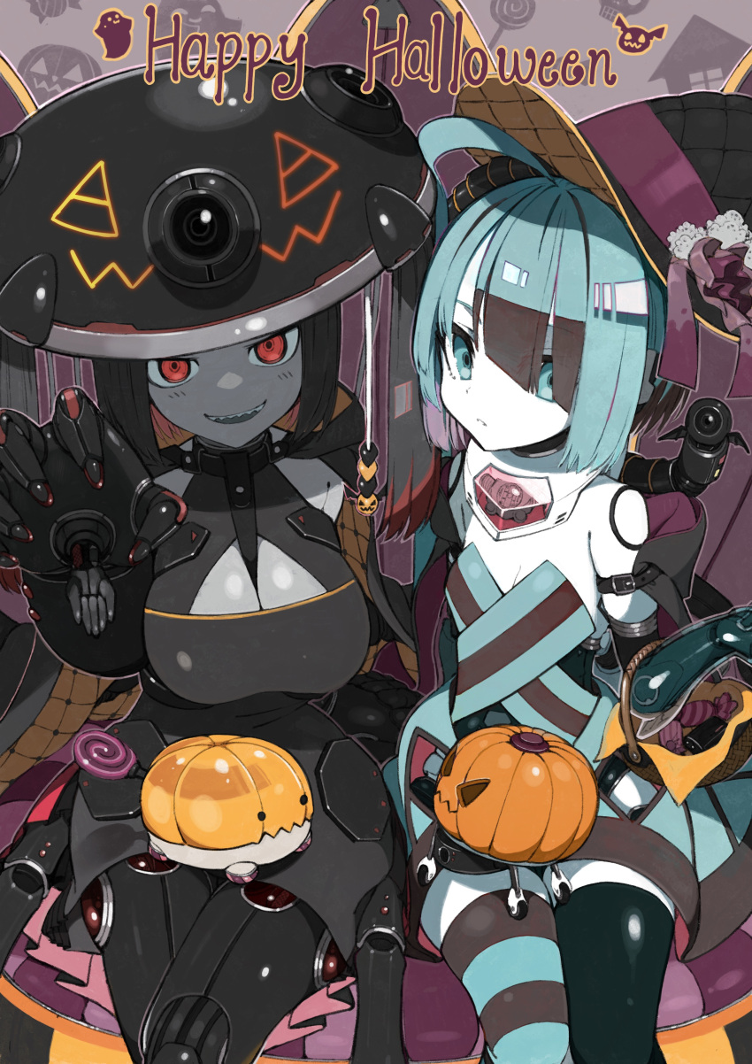 2girls :d absurdres ahoge android asymmetrical_legwear black_hair blue_dress blue_eyes blue_hair breasts brown_hair claw_pose colored_skin dress english_commentary english_text flat_chest grey_skin hair_over_one_eye halloween hat highres huge_ahoge humanoid_robot jack-o'-lantern jingasa joints large_breasts multicolored_hair multiple_girls original red_eyes robot_joints sharp_teeth smile suzukou teeth thigh-highs two-tone_hair white_skin witch_hat