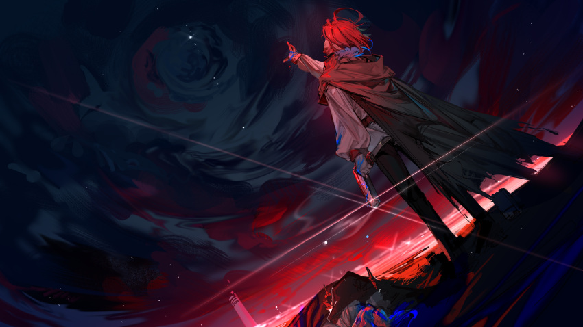 1boy 1girl absurdres ahoge arknights arm_up black_cape black_pants black_sky cape death dongsheng from_behind gun highres holding holding_gun holding_weapon hood hood_up hooded_cape irene_(arknights) lighthouse lumen_(arknights) outdoors pants shirt short_hair weapon white_shirt