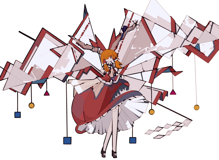 1girl adapted_costume ascot bangs bow bright_pupils closed_mouth cubism detached_sleeves full_body gohei hair_bow hair_over_one_eye hair_tubes harano_kaguyama highres horn_bow horn_ornament horn_ribbon horns ibuki_suika mary_janes nontraditional_miko orange_hair red_bow red_skirt red_vest ribbon ribbon-trimmed_sleeves ribbon_trim shapes shoes skirt solo standing touhou vest white_background white_pupils wide_sleeves