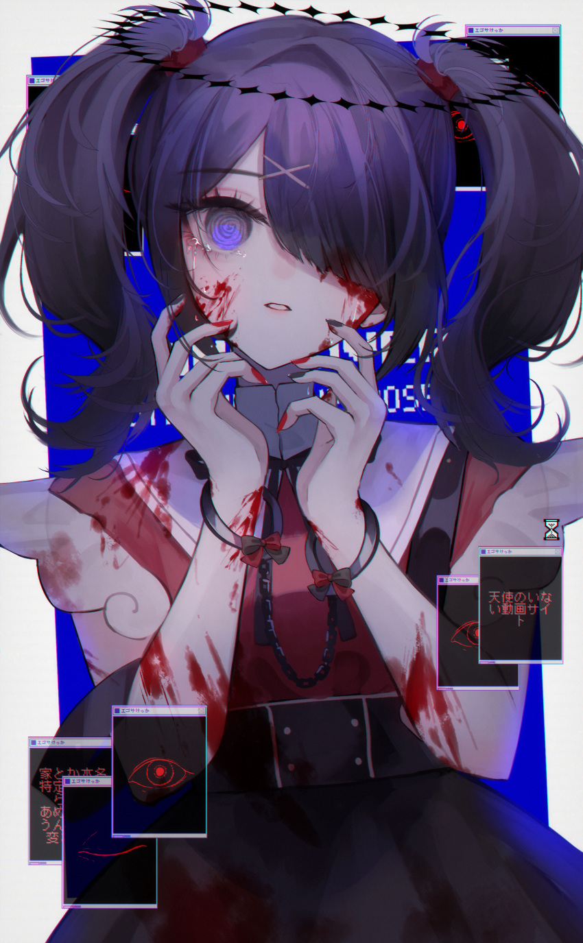 1girl absurdres ame-chan_(needy_girl_overdose) bangs black_dress black_hair black_ribbon blood blood_on_clothes blood_on_face blue_background bow commentary cuffs dress hair_ornament hair_over_one_eye handcuffs hands_up highres looking_at_viewer neck_ribbon needy_girl_overdose parted_lips red_bow red_shirt ribbon shirt skirt solo suspenders symbol-only_commentary teeth translation_request twintails white_background wny_(wnys_art) x_hair_ornament