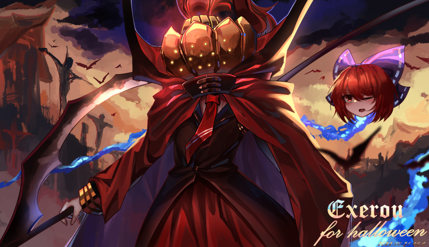 1girl absurdres black_shirt blue_bow blush bow cloak hair_bow halloween halloween_costume highres long_sleeves one_eye_closed open_mouth red_cloak red_eyes red_skirt redhead sekibanki shirt short_hair skirt solo top-exerou touhou upper_body