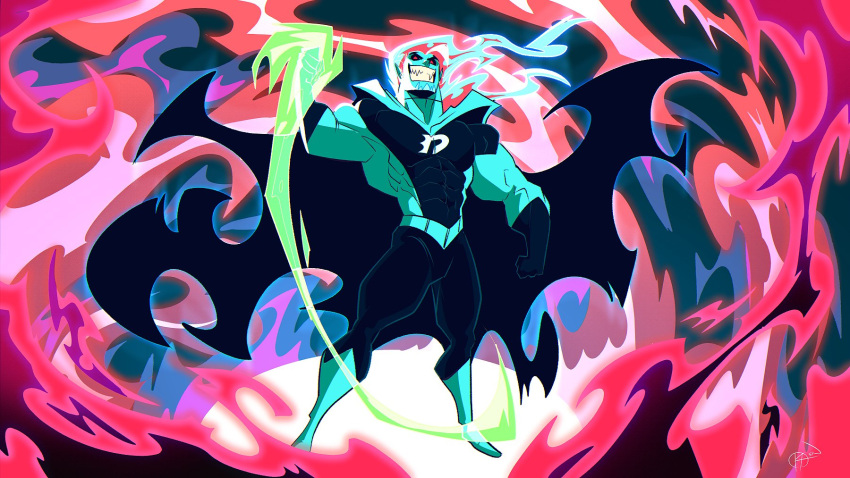 1boy abs artist_name aura biceps bodysuit danny_phantom dark_danny facial_hair fangs fire flame flaming_hand glowing glowing_eyes green_fire highres krossan large_pectorals looking_at_viewer male_focus manly mature_male muscular muscular_male pectorals signature solo stubble thick_arms thick_thighs thighs tight torn_clothes white_hair