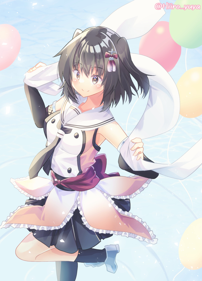 1girl balloon black_gloves black_hair black_neckerchief black_skirt black_socks black_thighhighs blue_sky brown_eyes buttons clouds cowboy_shot double-breasted elbow_gloves fingerless_gloves gloves hair_ornament hairclip happy_birthday highres hiiro_yuya holding holding_clothes holding_scarf kantai_collection kneehighs neckerchief sailor_collar scarf school_uniform sendai_(kancolle) serafuku single_kneehigh single_sock single_thighhigh skirt sky socks solo standing standing_on_one_leg thigh-highs two_side_up white_sailor_collar white_scarf