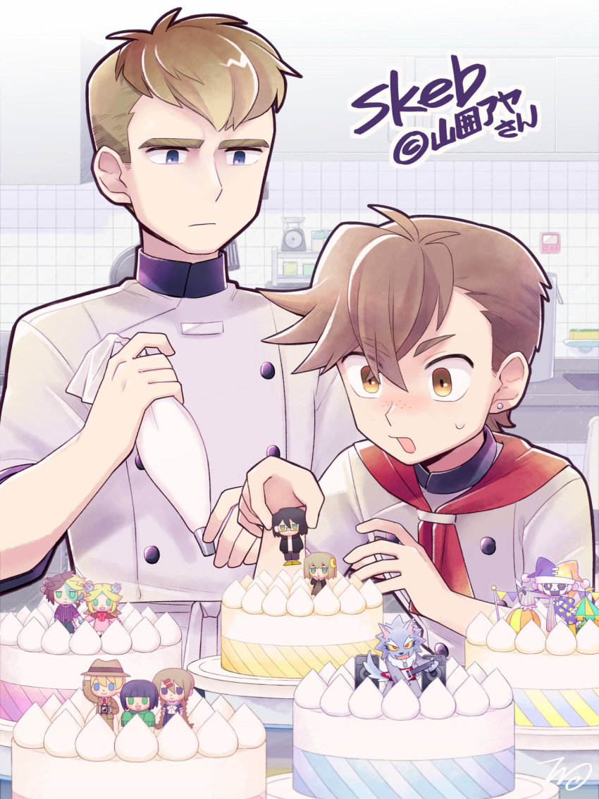 2boys blue_eyes brown_eyes brown_hair cake chef_uniform commentary_request commission earrings eyes_visible_through_hair food hair_between_eyes haku_le highres jewelry kitchen male_focus multiple_boys neckerchief open_mouth original pastry_bag red_neckerchief signature skeb_commission sweatdrop