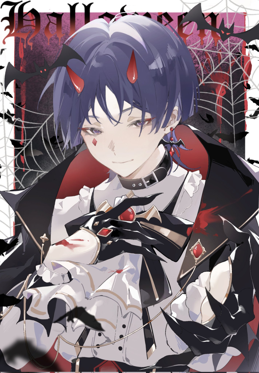 1boy alternate_costume ascot bangs bat_(animal) bat_wings belt black_background black_belt black_bow black_bowtie black_cloak black_collar black_gloves border bow bowtie buttons cloak closed_mouth coco_(nikio) collar collarbone crystal earrings english_text facial_tattoo fingernails flying gem genshin_impact gloves gold gradient gradient_background grey_ascot grey_background grey_shirt hair_between_eyes halloween_costume hands_up highres horns jewelry long_fingernails long_sleeves looking_at_viewer male_focus outside_border puffy_long_sleeves puffy_sleeves purple_background purple_hair red_cloak red_gemstone scaramouche_(genshin_impact) shirt short_hair silk single_earring smile solo spider_web standing striped striped_bow striped_bowtie tattoo two-tone_cloak upper_body violet_eyes white_border wings