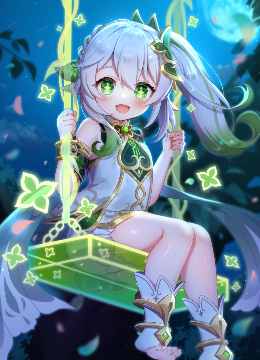 1girl :d bangs bare_shoulders blurry blurry_background blush braid colored_tips commentary_request cross-shaped_pupils dress feet foot_out_of_frame genshin_impact green_eyes green_hair hair_ornament highres holding leaf_hair_ornament long_hair looking_at_viewer multicolored_hair nahida_(genshin_impact) night open_mouth pointy_ears ponytail short_dress sidelocks sitting sleeveless sleeveless_dress smile socks solo stirrup_legwear thighs toeless_legwear toes two-tone_hair umishima_rinta white_hair white_socks