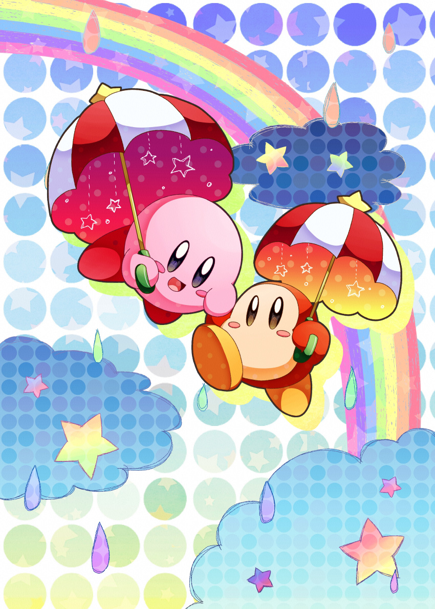 :d absurdres blue_eyes blush blush_stickers brown_eyes clouds commentary_request copy_ability full_body halftone highres holding holding_hands holding_umbrella kirby kirby_(series) no_humans open_mouth parasol parasol_kirby polka_dot polka_dot_background rainbow smile star_(symbol) umbrella waddle_dee water_drop yupiteru
