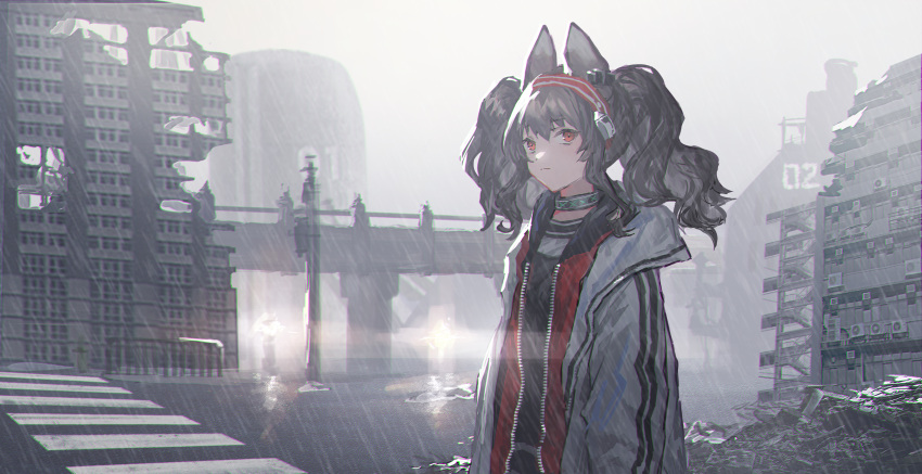 1girl absurdres angelina_(arknights) animal_ears arknights black_collar black_shirt brown_hair building coat collar damaged earpiece fox_ears fox_girl hairband highres infection_monitor_(arknights) long_hair looking_at_viewer mira_(345toron) open_clothes open_coat orange_eyes outdoors rain red_hairband ruins scenery shirt sidelocks solo striped striped_hairband twintails upper_body white_coat