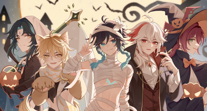 5boys aether_(genshin_impact) ahoge alcohol alternate_costume animal_ears animal_hands antenna_hair arm_up ascot bandaged_arm bandages bangs basket bat_(animal) bat_wings black_hair black_hairband black_headwear black_jacket black_nails blonde_hair blue_eyes blue_hair bow bowtie braid brown_cape brown_pants brown_shirt brown_vest buttons cape castle cat_ears cat_tail closed_mouth collared_shirt crossed_bangs cup drinking_glass english_commentary fake_animal_ears fake_tail fang fingernails flower flying full_moon gem genshin_impact glass gradient gradient_hair green_eyes grey_ascot grey_hair grey_scarf grey_shirt grey_sky hair_between_eyes hair_flower hair_ornament hairband halloween halloween_costume hand_up hands_up hat hat_ornament highres hood jacket jewelry kaedehara_kazuha long_fingernails long_hair long_sleeves looking_at_another looking_at_viewer looking_to_the_side male_focus mandarin_collar moon multicolored_hair multiple_boys nail_polish necklace open_clothes open_jacket open_mouth orange_bow orange_bowtie outdoors pants pearl_necklace ponytail pumpkin pumpkin_hat_ornament purple_hair red_eyes red_gemstone redhead sarashi scarf shikanoin_heizou shirt short_hair short_ponytail short_sleeves sidelocks sky sleepy1292673668 smile standing tail teeth twin_braids two-tone_hair v venti_(genshin_impact) vest white_flower wide_sleeves window wine wine_glass wing_collar winged_hat wings witch_hat xiao_(genshin_impact) yellow_eyes yellow_moon