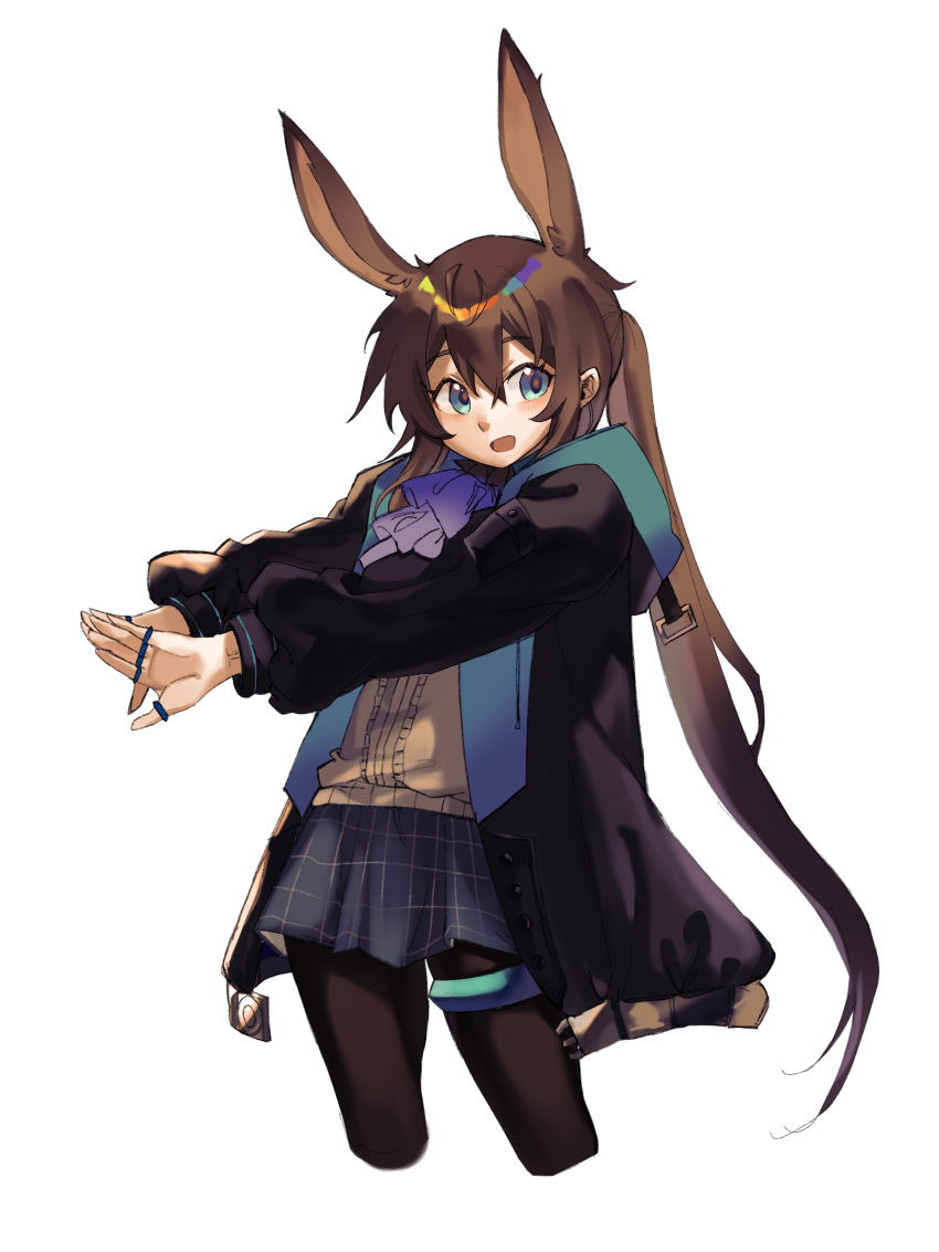 1girl :d amiya_(arknights) animal_ears arknights ascot black_jacket black_pantyhose blue_ascot blue_eyes blue_skirt cowboy_shot cropped_legs extra_ears hair_between_eyes highres jacket jewelry long_hair long_sleeves looking_at_viewer multiple_rings nekoakari_fd open_clothes open_jacket open_mouth pantyhose plaid plaid_skirt ponytail rabbit_ears rabbit_girl ring shiny shiny_hair shirt sidelocks simple_background skirt smile solo stretching thighlet very_long_hair white_background white_shirt