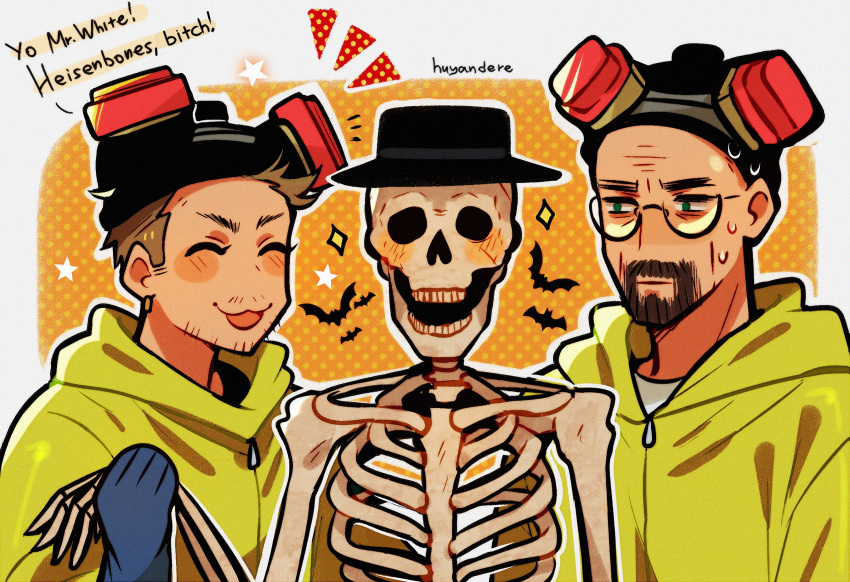 2boys :3 ^_^ bat_(animal) breaking_bad brown_facial_hair closed_eyes english_text facial_hair gas_mask glasses green_eyes highres huyandere jesse_pinkman jumpsuit male_focus mask mask_on_head multiple_boys profanity skeleton sparkle sweatdrop tongue tongue_out upper_body walter_white yellow_jumpsuit