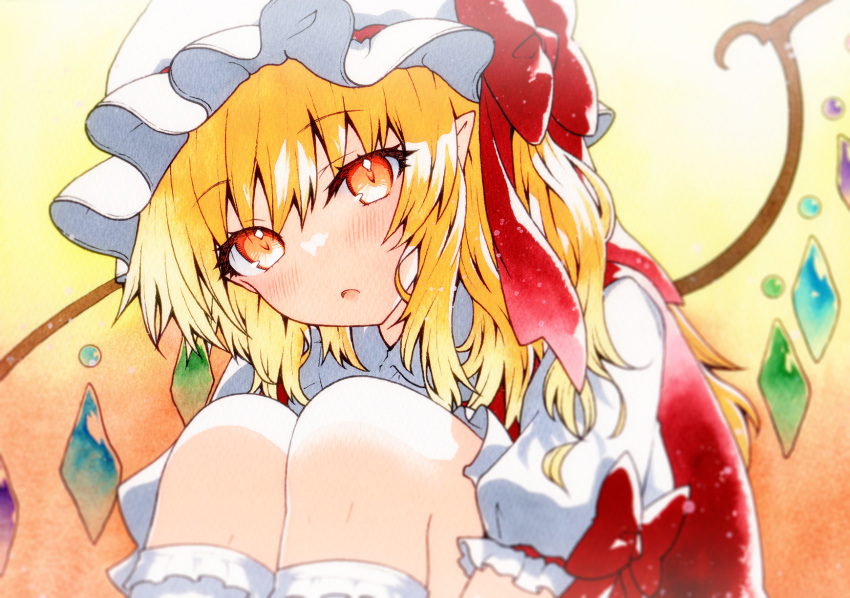 ascot collared_shirt crystal flandre_scarlet frilled_shirt_collar frilled_sleeves frills hat highres mob_cap one_side_up puffy_short_sleeves puffy_sleeves qqqrinkappp red_eyes red_vest shirt short_hair short_sleeves slit_pupils touhou traditional_media vest white_headwear white_shirt wrist_cuffs yellow_ascot