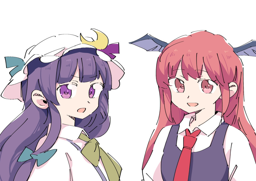 2girls :d akuma bangs blunt_bangs crescent hat head_wings highres koakuma long_hair looking_at_viewer multiple_girls necktie open_mouth patchouli_knowledge purple_hair redhead simple_background smile touhou violet_eyes white_background wings