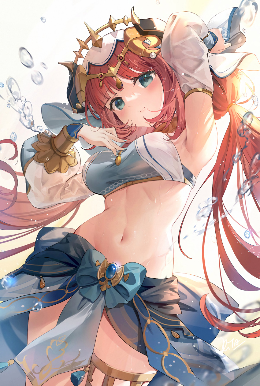armpits close-up dancer genshin_impact green_eyes horns long_hair looking_at_viewer navel nilou_(genshin_impact) redhead simple_background stomach sweat water white_background