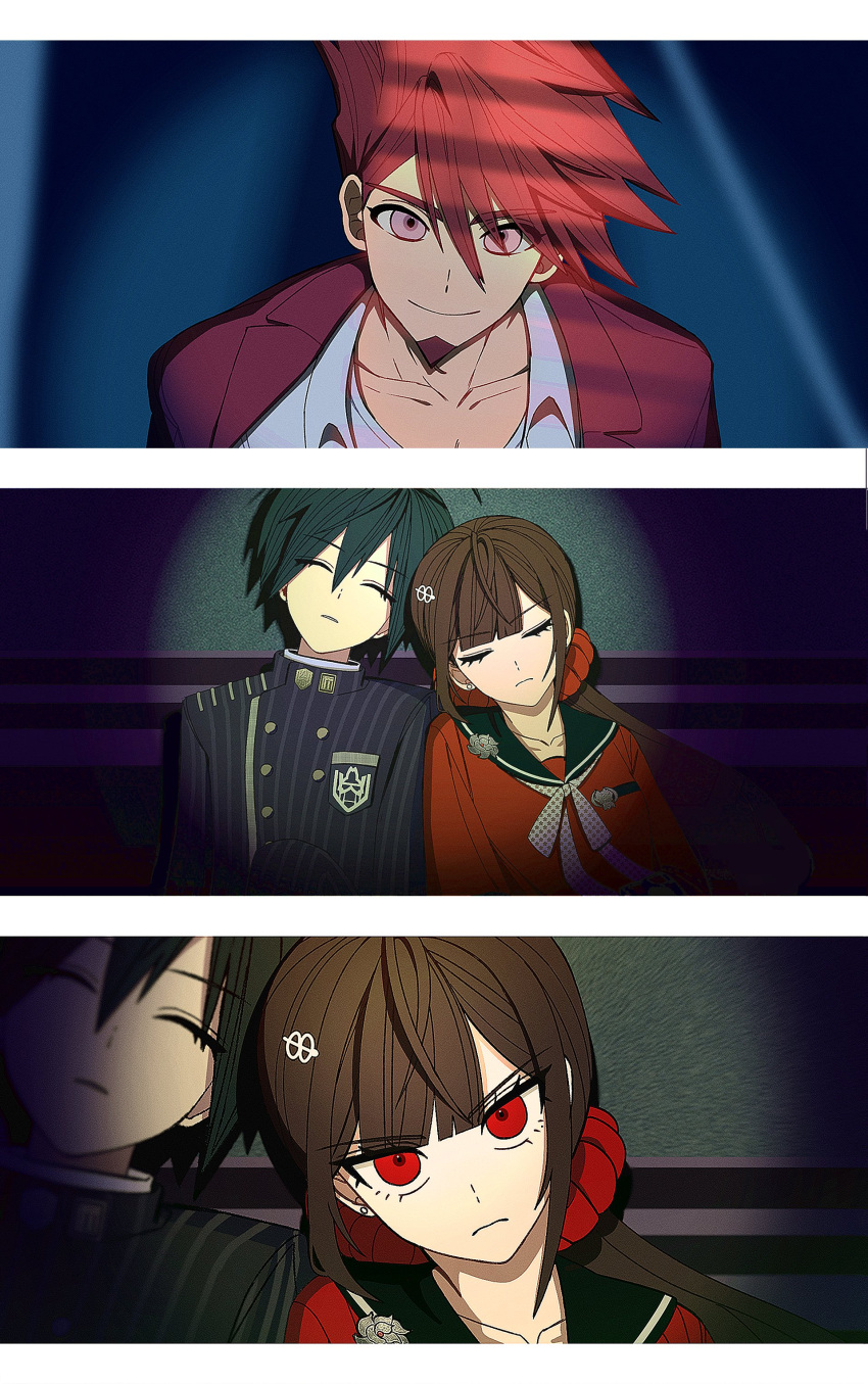 1girl 2boys absurdres bangs black_hair black_sailor_collar blue_background breast_pocket brown_hair buttons closed_eyes closed_mouth collarbone collared_shirt commentary danganronpa_(series) danganronpa_v3:_killing_harmony double-breasted facial_hair facing_viewer goatee green_background grey_shirt hair_between_eyes hair_ornament hair_scrunchie hairclip harukawa_maki highres jacket jilong_(eksrks99) leaning_on_person leaning_to_the_side letterboxed long_hair looking_at_viewer low_twintails male_focus momota_kaito multicolored_background multiple_boys parted_lips pink_eyes pink_jacket pocket portrait red_eyes red_scrunchie red_shirt redhead saihara_shuuichi sailor_collar scrunchie shirt short_hair spiky_hair star_(symbol) star_print striped striped_jacket twintails upper_body