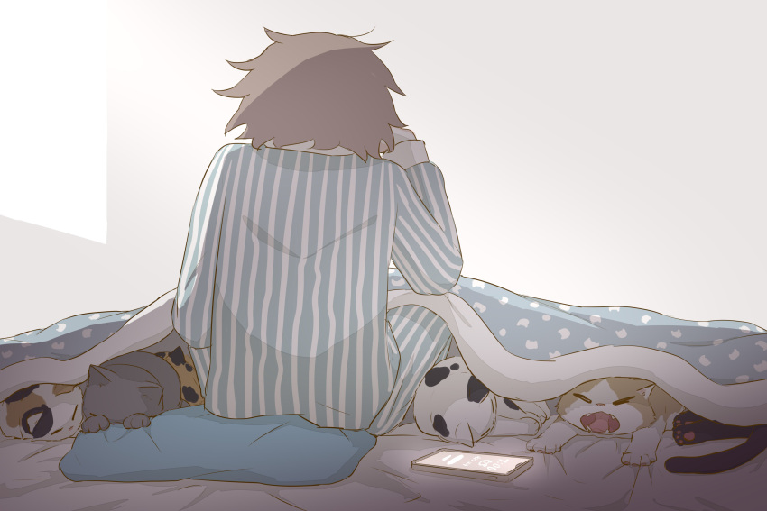 1boy absurdres animal avogado6 blanket cat cellphone commentary from_behind grey_hair highres long_sleeves male_focus morning original pajamas phone pillow short_hair sleeping sleeping_animal solo striped striped_pajamas waking_up yawning