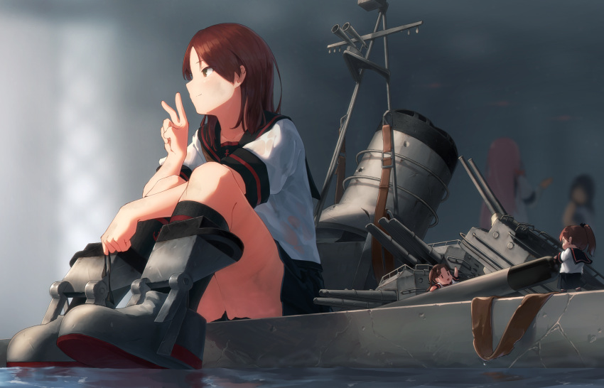 5girls akashi_(kancolle) anchor_symbol black_sailor_collar black_skirt black_socks brown_eyes brown_hair closed_mouth fairy_(kancolle) highres i-coat kantai_collection kneehighs long_hair machinery multiple_girls ooyodo_(kancolle) rigging sailor_collar school_uniform serafuku shikinami_(kancolle) shikinami_kai_ni_(kancolle) short_sleeves sitting skirt smokestack socks solo_focus turret