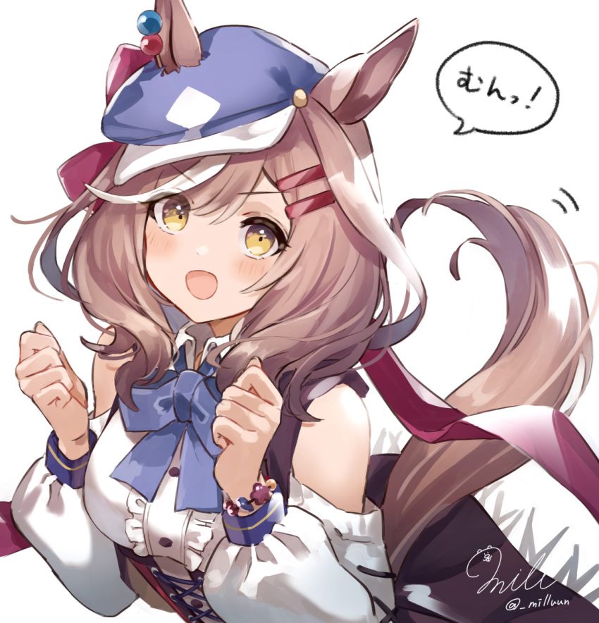 ! 1girl :d animal_ears blue_bow blue_bowtie blue_headwear bow bowtie bracelet breasts brown_hair brown_skirt buttons cabbie_hat center_frills commentary detached_sleeves ears_through_headwear ei_ei_mun! frills hair_ornament hairclip hat highres horse_ears horse_girl horse_tail jewelry long_sleeves looking_at_viewer matikane_tannhauser_(umamusume) medium_breasts medium_hair milluun puffy_long_sleeves puffy_sleeves shirt skirt smile solo speech_bubble tail tail_wagging translated umamusume w_arms white_shirt yellow_eyes