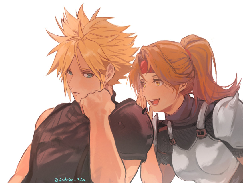 1boy 1girl armor bangs blonde_hair blue_eyes blue_shirt blush breastplate brown_eyes brown_hair cloud_strife final_fantasy final_fantasy_vii final_fantasy_vii_remake garbage_paper hand_to_own_face headband highres jessie_rasberry long_hair looking_at_another open_mouth parted_bangs parted_lips ponytail red_headband shirt short_hair shoulder_armor single_bare_shoulder sleeveless sleeveless_turtleneck smile spiky_hair suspenders turtleneck twitter_username upper_body whispering white_background