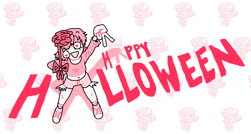 1girl absurdres arm_behind_back chainsaw_man cosmo_(chainsaw_man) crop_top dangling_eye exposed_brain from_above halloween happy_halloween heart heart-shaped_pupils highres long_hair looking_at_viewer open_mouth otrebot pink_shirt pink_theme red_eyes redhead shadow shirt shorts simple_background solo symbol-shaped_pupils torn_clothes v white_background
