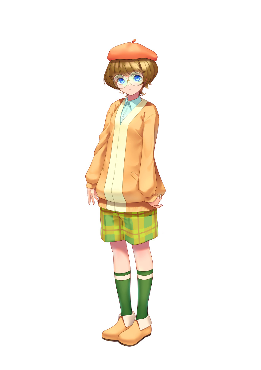 1girl absurdres bangs beret blue_eyes brown_hair casual closed_mouth collared_shirt commentary_request full_body glasses green_shorts green_socks hat highres ichinose_minori jacket light_frown long_sleeves looking_at_viewer orange_footwear orange_headwear orange_jacket plaid plaid_shorts precure round_eyewear shirt shoes short_hair shorts simple_background single_horizontal_stripe socks solo standing tropical-rouge!_precure white_background white_shirt yoko-ya_manjirou