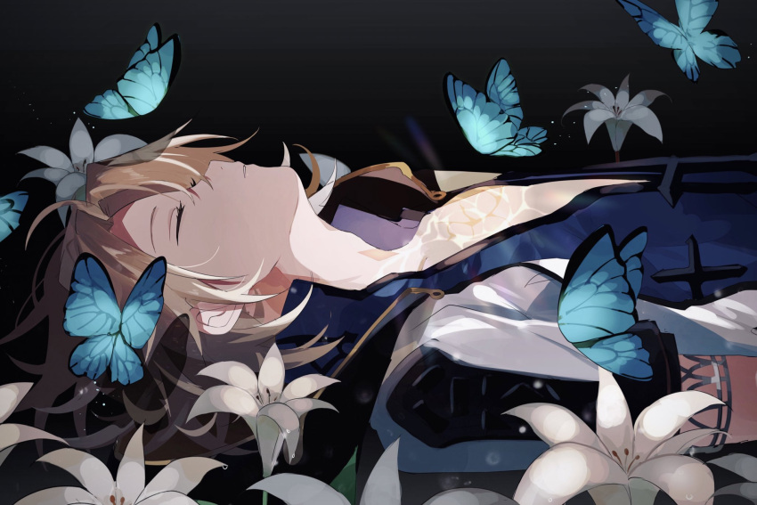 1boy albedo_(genshin_impact) bangs black_background blonde_hair blue_butterfly blue_shirt bug butterfly closed_eyes closed_mouth coat collared_shirt commentary_request eyelashes flower genshin_impact hair_between_eyes highres lying male_focus medium_hair on_back open_clothes open_coat parted_bangs profile scar scar_on_neck shirt short_sleeves sidelocks solo upper_body white_coat white_flower yoko_(nz_g)