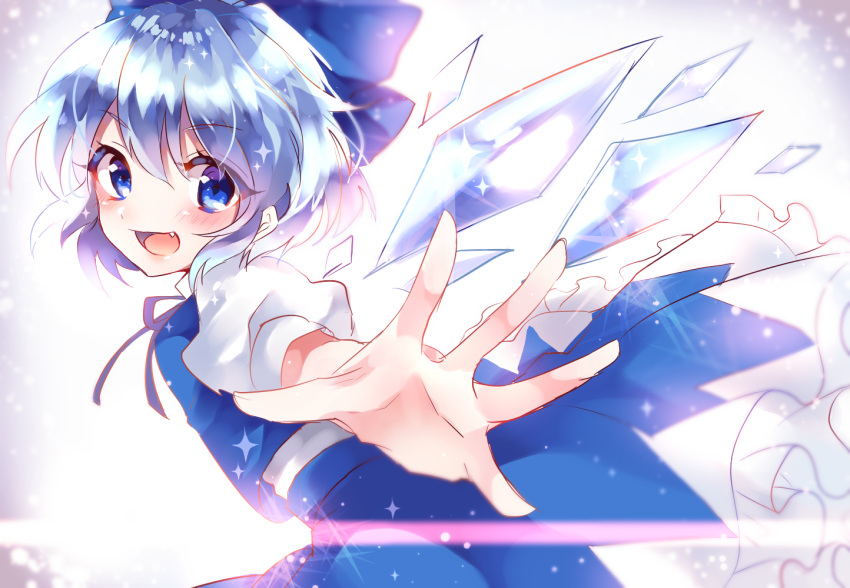 1girl asada_sadao backlighting bad_id bad_twitter_id blue_bow blue_eyes blue_hair blue_skirt blue_vest blush bow cirno detached_wings fang frilled_skirt frills from_side gradient gradient_background hair_between_eyes hair_bow hair_ornament hair_ribbon ice ice_wings looking_at_viewer looking_to_the_side md5_mismatch neck_ribbon open_mouth outstretched_arm puffy_short_sleeves puffy_sleeves purple_ribbon ribbon shiny shiny_hair shirt short_hair short_sleeves skirt skirt_set smile solo touhou vest white_shirt wings