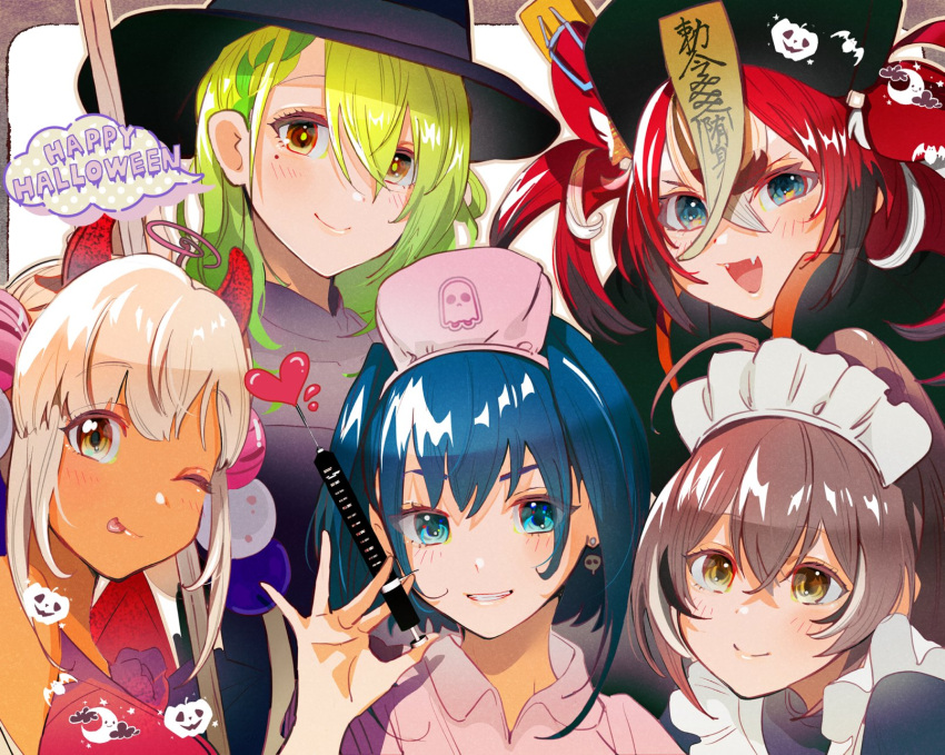 5girls ahoge bangs bat_(animal) black_hair blonde_hair blue_eyes blue_hair braid braided_bangs broom brown_hair ceres_fauna china_dress chinese_clothes crescent_moon dark-skinned_female dark_skin demon demon_horns dress earrings fangs ghost green_hair grin hair_intakes hair_ornament hakos_baelz halloween_costume happy_halloween hat highres holocouncil hololive hololive_english horns iris_(tb33064667) jack-o'-lantern jewelry jiangshi_costume light_brown_hair long_hair looking_at_viewer maid maid_headdress mole mole_under_eye moon mouse_girl mousetrap multicolored_hair multiple_girls nanashi_mumei nurse nurse_cap ouro_kronii planet_hair_ornament ponytail qing_guanmao redhead short_hair skull_earrings sleeves_past_fingers sleeves_past_wrists smile streaked_hair syringe talisman tongue tongue_out tsukumo_sana twintails very_long_hair virtual_youtuber white_hair witch_hat yellow_eyes