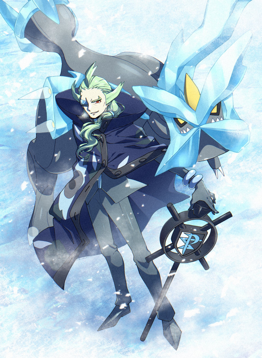 1boy ahoge alternate_color batabiru bracelet buttons cane cloak commentary_request eyepiece full_body ghetsis_(pokemon) green_hair high_collar highres holding holding_cane jacket jewelry kyurem logo long_hair male_focus pants parted_lips pokemon pokemon_(creature) pokemon_(game) pokemon_masters_ex red-tinted_eyewear red_eyes shoes smile standing team_plasma tinted_eyewear