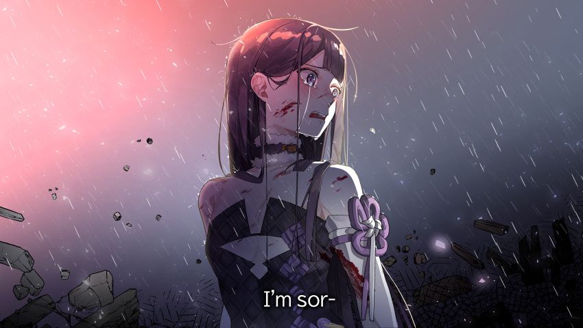 1girl absurdres bangs black_dress blood blood_on_clothes blood_on_face blood_splatter blunt_bangs crying crying_with_eyes_open cutout_above_navel dandandanholo debris dress highres hololive hololive_english long_hair ninomae_ina'nis purple_hair rain short_dress solo strapless strapless_dress tears tube_dress virtual_youtuber
