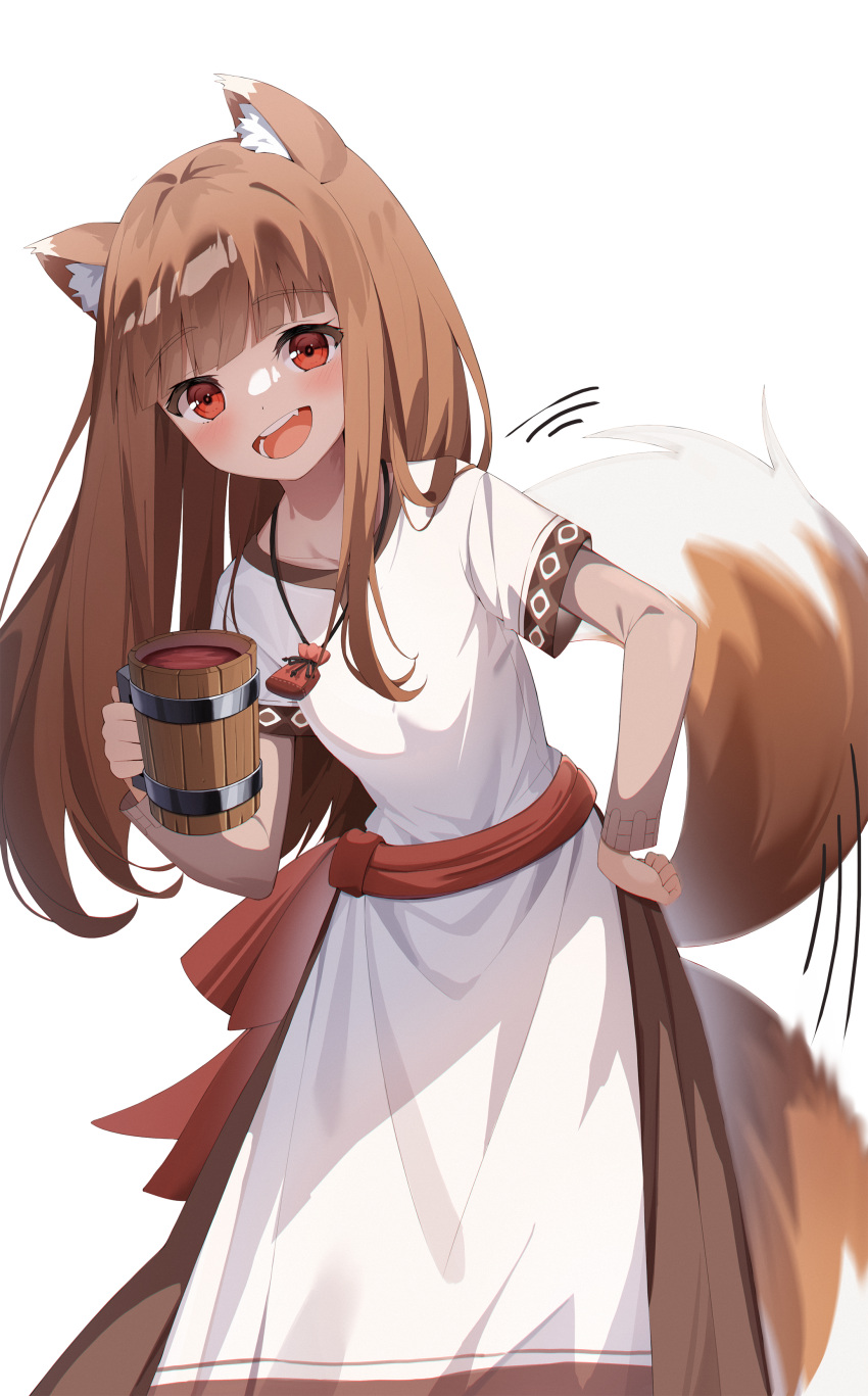 1girl :d absurdres afterimage animal_ears apron blush brown_hair brown_skirt commentary_request cup drink hand_on_hip highres holding holding_cup holo leaning_forward long_hair looking_at_viewer mushi_(1756559585) red_eyes shirt short_sleeves simple_background skirt smile solo speed_lines spice_and_wolf tail tail_wagging tankard very_long_hair waist_apron white_apron white_background white_shirt wolf_ears wolf_girl wolf_tail