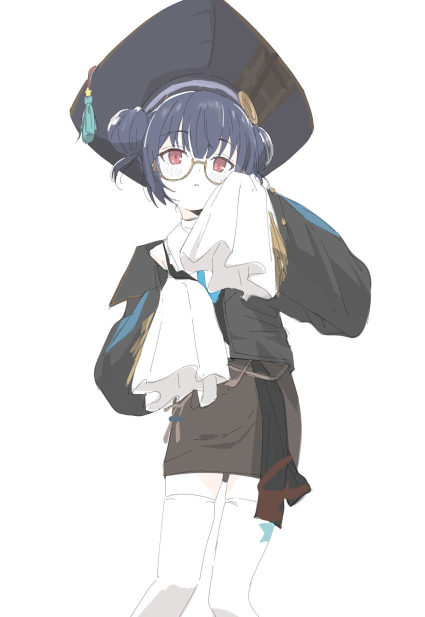 1girl bangs black_headwear black_jacket black_skirt blue_hair character_request copyright_request double_bun glasses hair_bun hat highres jacket looking_at_viewer red_eyes shirt sincos skirt solo standing thigh-highs very_long_sleeves white_background white_shirt white_thighhighs