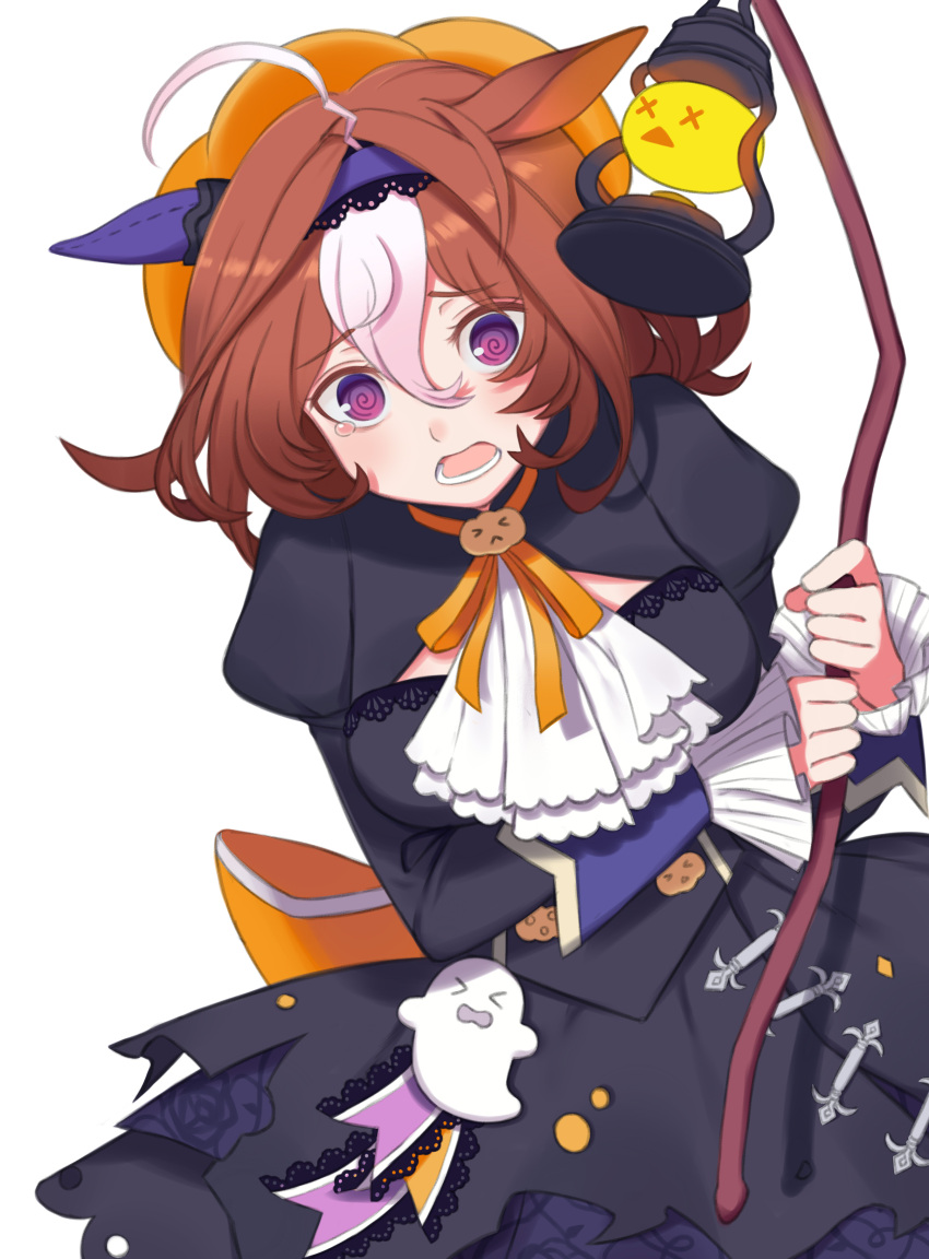 1girl @_@ absurdres ahoge animal_ears ascot bangs beret black_dress brown_hair commentary days_in_a_flash_(umamusume) dress ear_covers frilled_sleeves frills frown ghost_ornament hairband halloween halloween_costume hat highres holding holding_staff horse_ears horse_girl jack-o'-lantern_ornament juliet_sleeves lantern long_sleeves looking_at_viewer medium_dress medium_hair meisho_doto_(dot-o'-lantern)_(umamusume) meisho_doto_(umamusume) multicolored_hair neck_ribbon official_alternate_costume open_mouth orange_headwear orange_ribbon puffy_sleeves purple_hairband ribbon scared simple_background single_ear_cover solo staff standing tearing_up two-tone_hair umamusume violet_eyes white_ascot white_background white_hair yamada_nagi