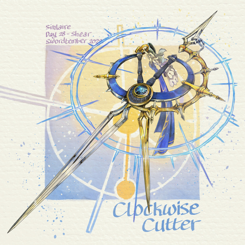 artist_name clock clock_hands commentary dated english_commentary english_text fantasy highres no_humans original ouro_kronii simple_background sinlaire sword weapon weapon_focus white_background