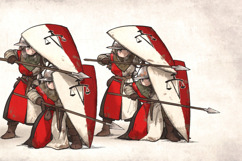 4girls belt brown_belt brown_eyes brown_gloves brown_hair commentary emblem english_commentary full_body gambeson gloves helmet holding holding_polearm holding_weapon knight looking_to_the_side medieval multiple_girls one_knee original polearm pouch shield spear standing sweat vanishlily weapon