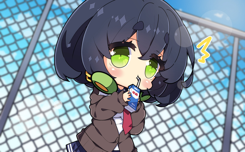 1girl ^^^ bangs bendy_straw black_hair black_sailor_collar black_skirt blue_sky blurry blurry_background blush breasts brown_cardigan cardigan chain-link_fence clouds commentary_request day depth_of_field drinking drinking_straw fence green_eyes hair_between_eyes headphones headphones_around_neck highres holding kyoumachi_seika medium_breasts milkpanda necktie outdoors pleated_skirt red_necktie sailor_collar shirt short_eyebrows skirt sky solo thick_eyebrows voiceroid white_shirt