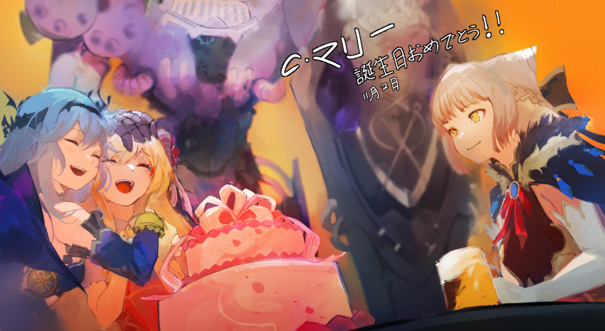 1boy 3girls alcohol beer beer_mug birthday birthday_cake blonde_hair blue_hair blush cake chaos_aurora chaos_marie chaos_pinocchio chaos_puss_in_boots closed_eyes commission cup food gears grimms_notes hair_ornament hair_ribbon happy_birthday headpat highres holding holding_shield hug long_hair mecha mnoakii mug multiple_girls open_mouth pixiv_request ribbon robot shield sitting smile table teeth white_hair wire yellow_eyes